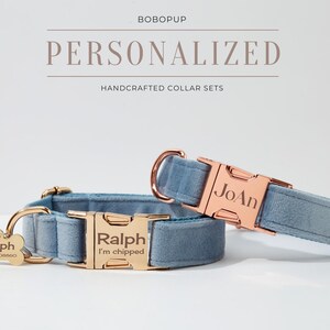 May include: Two personalised dog collars in a light blue velvet material with gold hardware. The collars are engraved with the names "Ralph" and "JoAn". One collar has a bone-shaped tag with the name "Ralph" and a phone number. The other collar has the text "Ralph I'm chipped" engraved on the buckle.