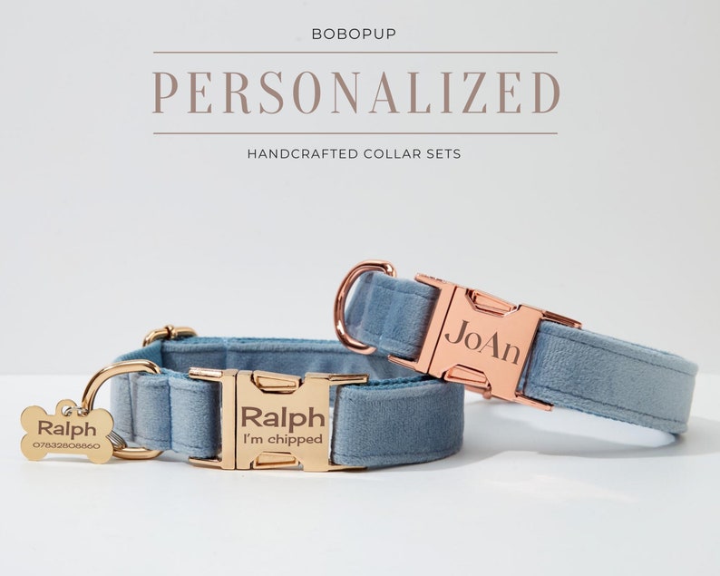 May include: Two personalised dog collars in a light blue velvet material with gold hardware. The collars are engraved with the names "Ralph" and "JoAn". One collar has a bone-shaped tag with the name "Ralph" and a phone number. The other collar has the text "Ralph I'm chipped" engraved on the buckle.