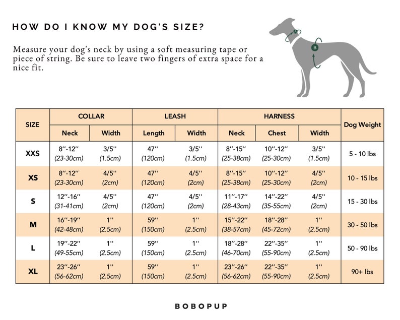 May include: A chart showing dog collar, leash, and harness sizes for different dog breeds. The chart includes measurements in inches and centimeters, as well as recommended dog weight ranges in pounds.