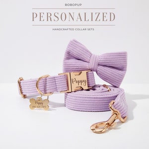 Lilac Corduroy Dog Collar Leash. No Pull Dog Harness Leash. Personalized Puppy Collar Leash Set For Wedding Gift, Birthday Gift