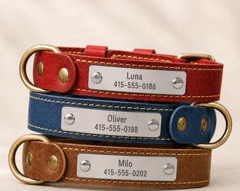 Custom Leather Dog Collar, Personalized Pet Collar with Engraved Name and Phone Number