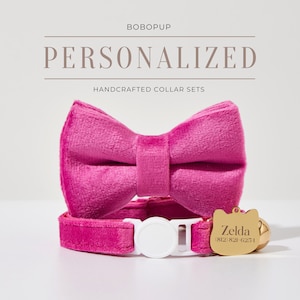 Safety Kitty Collar Bowtie Bell in Velvet Martial,Personalized Breakaway Cat Collar Leash Set,Engraved Cat Collar Bell With a Cat Tag