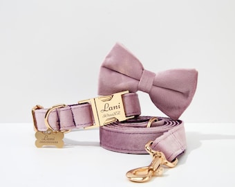 Lavender Personalized Dog Collar Bow tie and Leash Set, Luxury Velvet with Engraved Metal Buckle, Designer Lilac Dog Dress at Wedding