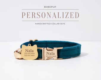 Teal Velvet Cat Collar Bowtie Puppy Collar,Puppy Collar Leash,Personalized Engraved Gold Dog Tag,Handmade Luxury Cat Collar for Wedding Gift