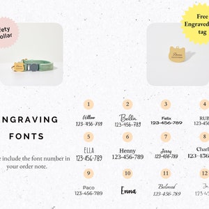 May include: A green safety collar for a cat with a gold engraved tag that says "Anna" in a cursive font. The image shows 12 different font options for engraving cat tags with the name and phone number.  The text says "Engraving Fonts" and "Please include the font number in your order note."