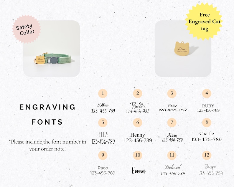 May include: A green safety collar for a cat with a gold engraved tag that says "Anna" in a cursive font. The image shows 12 different font options for engraving cat tags with the name and phone number.  The text says "Engraving Fonts" and "Please include the font number in your order note."