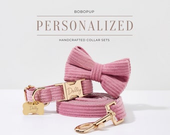 Laisse de harnais pour chien en velours côtelé rose poussiéreux. Étape dans le harnais pour chien de fille. Harnais personnalisé Bow Boy Puppy.Dog Collar Harness and Leash Set