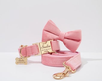 Personalized Flower Dog Collar and Leash Set, Pink Soft Velvet with Free Name Laser Engraving, Custom Puppy Girl and Boy Collar