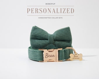 Forest Green Corduroy Puppy Collar Leash For Male Female Dog. Personalized Puppy Harness Collar,Dog Collar Leash Set For Wedding Gift