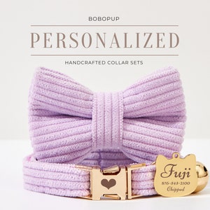 Fancy Lavender Corduroy Cat Collar Leash Bowtie Set,Handmade Kitty Collar Bell Set For Christmas Gift, Personalized Puppy Collar Leash Set