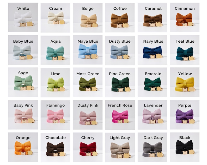 May include: A collection of 36 velvet bow ties for pets in various colors, including white, cream, beige, coffee, caramel, cinnamon, baby blue, aqua, maya blue, dusty blue, navy blue, teal blue, sage, lime, moss green, pine green, emerald, yellow, baby pink, flamingo, dusty pink, french rose, lavender, purple, orange, chocolate, cherry, light gray, dark gray, and black.