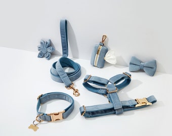 Dusty Blue Velvet Personalized Harness With Gold Hardware,Fancy Velvet Harness Dog Collar and Leash Set for Large Small Puppy, Free Shipping