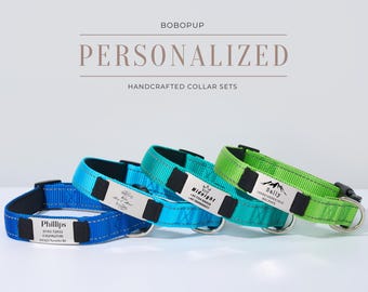 Collare per cani personalizzato in nylon riflettente, collare regolabile per cuccioli con targhetta identificativa con nome inciso, set di collare e guinzaglio per gatti elegante per regalo di compleanno