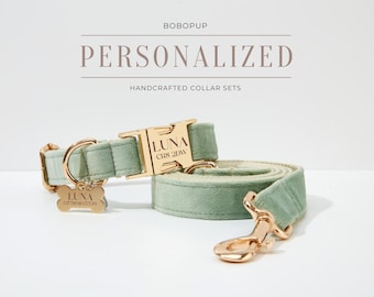 Green Velvet Custom Dog Collar and Leash Set, Engraved Buckle