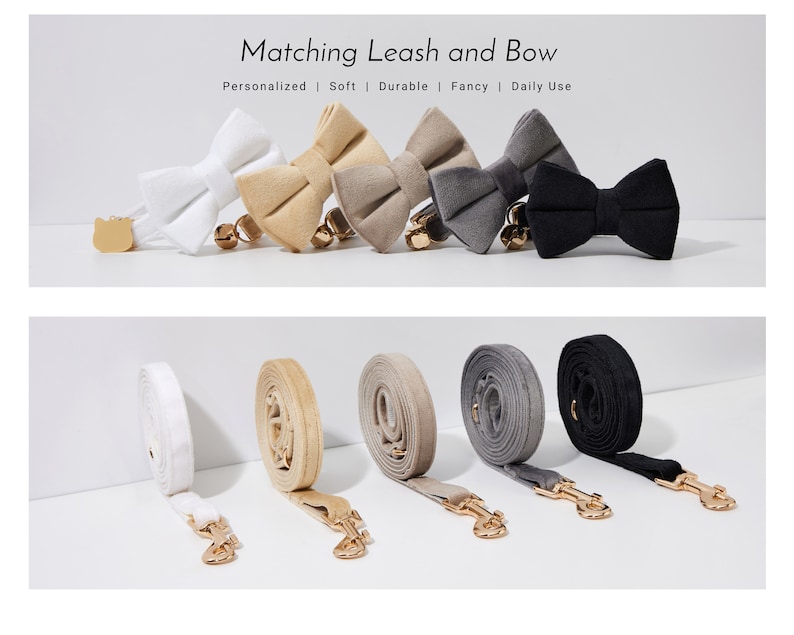 May include: Matching dog leash and bow sets in white, tan, gray, and black. Each bow tie has a gold-colored bell and clasp. The leashes are rolled up, with gold-colored clasps.