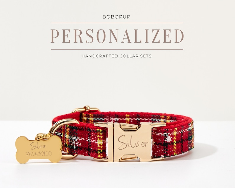 Personalized Red Christmas Dog Collar Leash Set,Fancy Puppy Collar Bowtie Set Leash For Christmas Gift,Customized Dog Harness Leash Set image 3