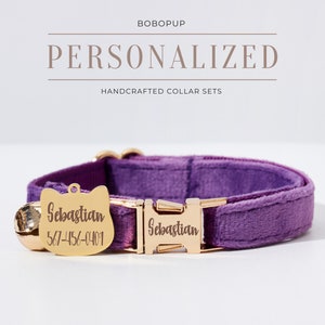 Fancy Purple Velvet Cat Collar Bowtie, Personalized Cat Collar Leash, Engraved Dog Tag, Handmade Luxury Cat Collar for Puppy Collar