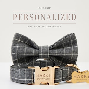 Gray Plaid Personalized Dog Collar Bow Set, Custom Boy Dog Puppy Collar, Small XL Dog Collar with Name Engraved, Gingham Tartan Collars