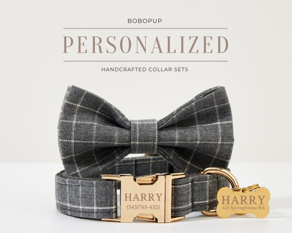 Personalized Gray Plaid Dog Collar Bow Set, Engraved Tartan Puppy Collar