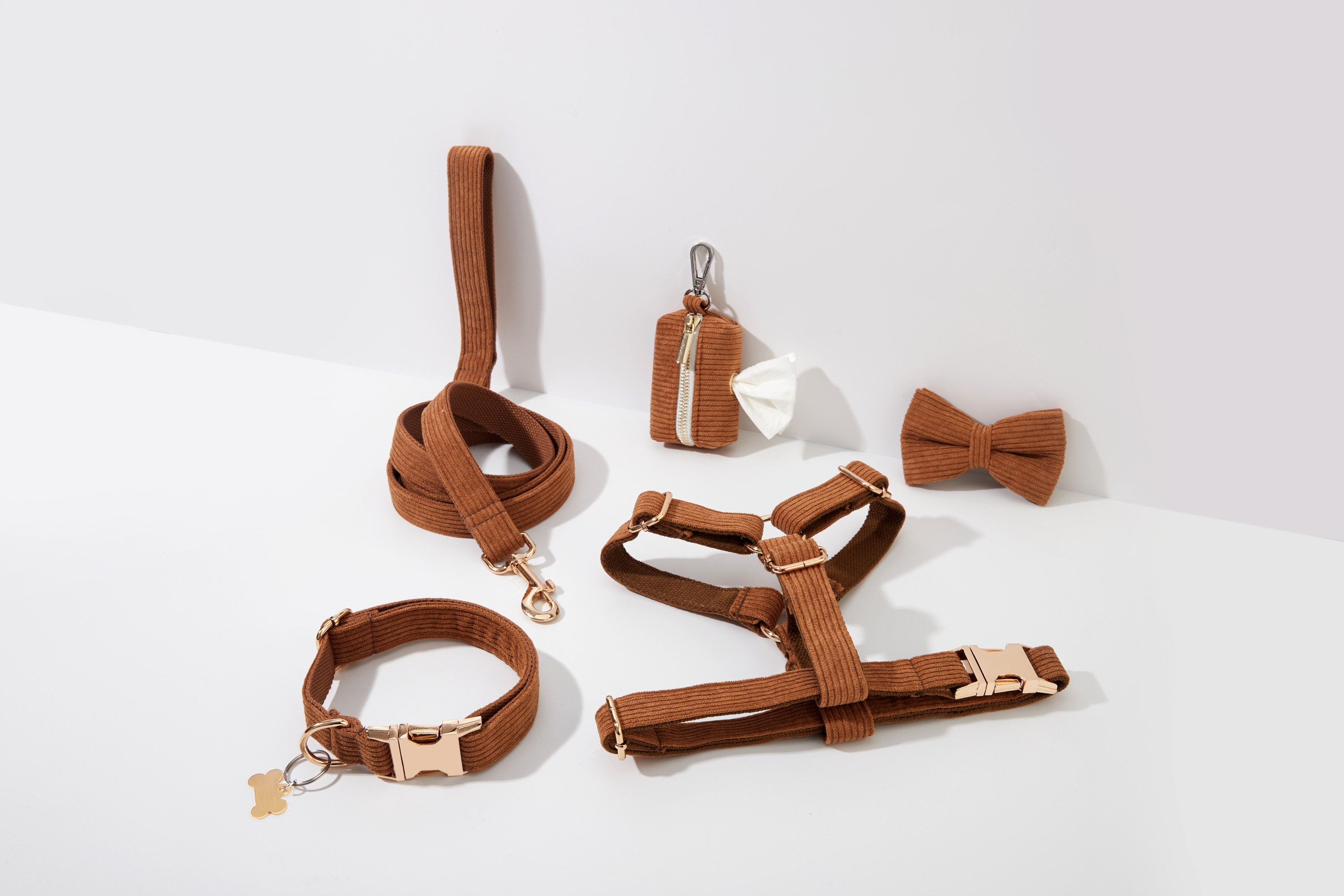 Brown Corduroy Dog Harness, Step in Harness Personalised Gold Hardware Harness for Boy Puppy, Dog Collar Harness and Leash Set