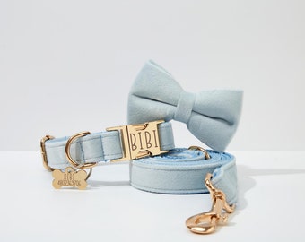 Baby Blue Velvet Personalized Dog Collar Bow, Boy Dog Puppy Denim Martingale Collar, Customized Name Engraved Metal Buckle, Dog Accessories