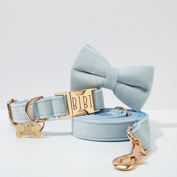 Baby Blue Velvet Personalized Dog Collar Bow, Boy Dog Puppy Denim Martingale Collar, Customized Name Engraved Metal Buckle, Dog Accessories