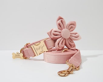 Personalized Pink Velvet Dog Collar Bowtie, Engraved Buckle