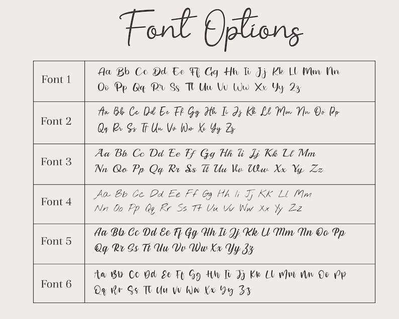 Puede incluir: Un gr&aacute;fico beige muestra seis opciones de fuente, cada una con una muestra del alfabeto. El t&iacute;tulo "Font Options" est&aacute; escrito en cursiva. Cada fuente est&aacute; numerada y presentada en un cuadro rectangular, mostrando las letras en may&uacute;sculas y min&uacute;sculas.