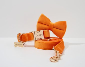 Luxurious Orange Velvet Personalize Dog Collar Leash Set Flower Bow for Small Medium Large Pet,Engraved Silent Name Plate,Wedding Puppy Gift