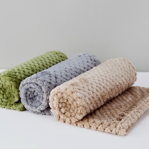 May include: Three rolled-up pet blankets in green, gray, and beige. The beige blanket is unrolled and has the word "Petey" embroidered on it.