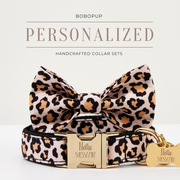 Leopard Hundehalsband Bowtie Set, Personalisierte Hochzeit Hundehalsband mit Namen, Jungen Mädchen Hundehalsband und Leine