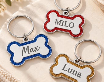 Personalized Glitter Bone Pet ID Tag, Engraved Dog & Cat Name Tag, Custom Collar Tag with Contact Details