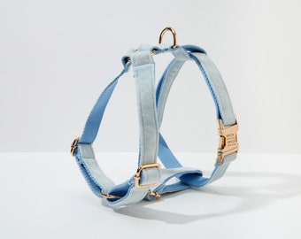 Baby Blue Velvet Personalized Harness With Gold Hardware,Fancy Velvet Harness Dog Collar and Leash Set for Large Small Puppy, Free Shipping