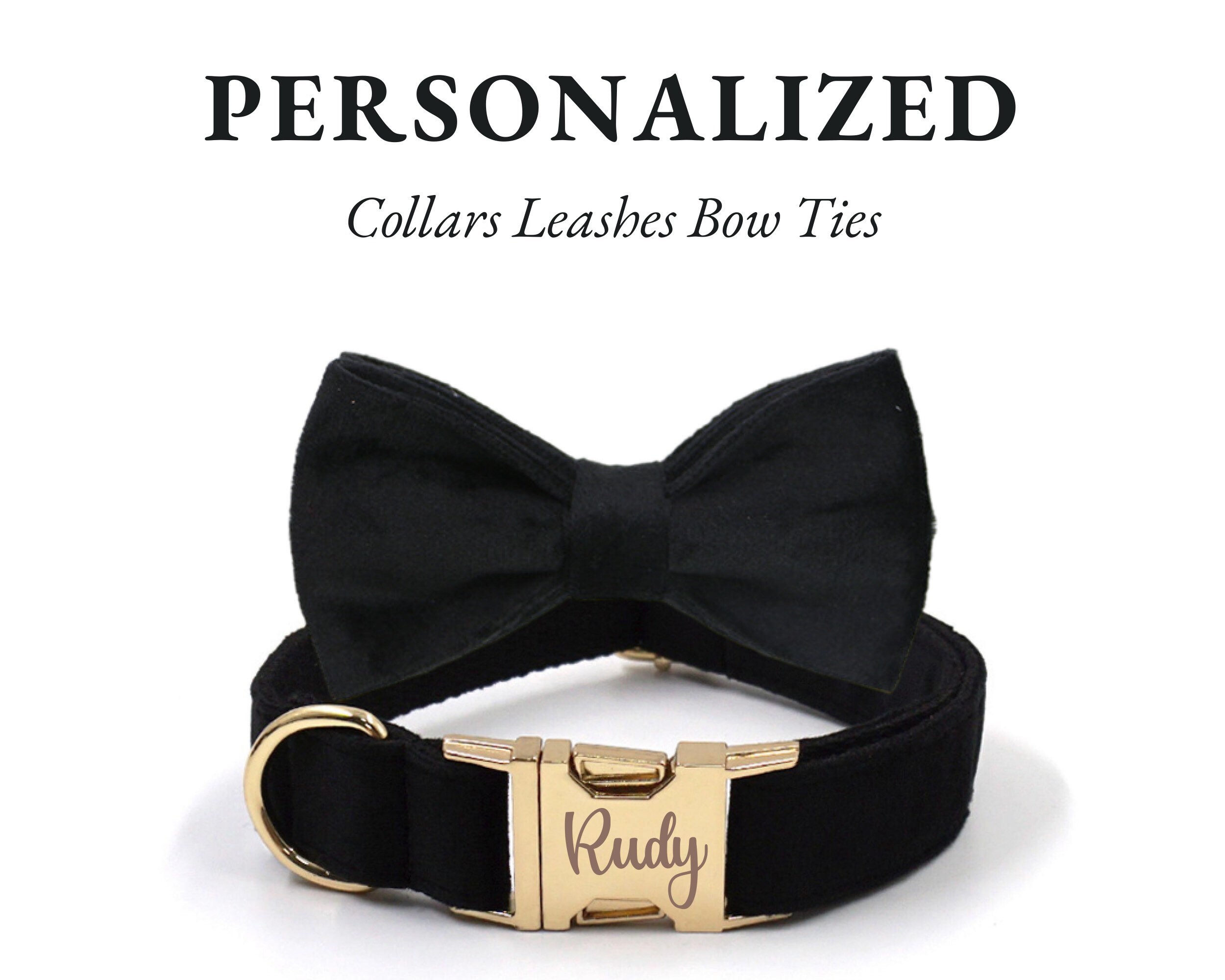 Black Velvet Dog Harness Bow Tie Leash Set Personalised Dog Etsy
