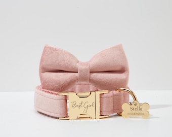 Pink Velvet Dog Collar with Gold, Personalized Engraved Name, Wedding Bow Collar