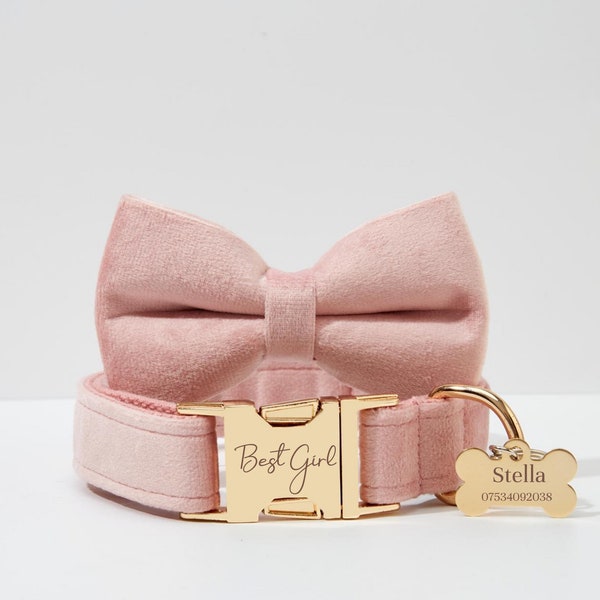 Roze fluwelen gepersonaliseerde halsband met gouden hardware, bruiloft halsband strik, halsband en riem voor hondenliefhebber, gratis naamgravure