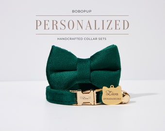 Collar de gato de terciopelo verde elegante con nombre, correa de collar de cachorro, etiqueta de perro de oro grabada personalizada, collar de gato de lujo hecho a mano para regalo de boda