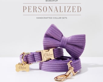 Luxueux ensemble de laisse de harnais de chien en velours côtelé violet pour cadeaux de Noël, ensemble de collier de laisse de harnais de chiot personnalisé pour cadeau de mariage, étiquette de chien