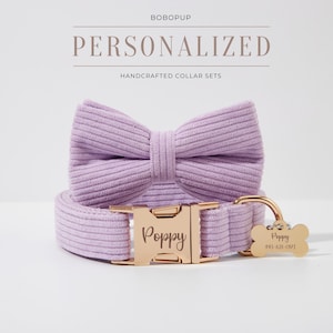 Lilac Corduroy Dog Collar Leash. No Pull Dog Harness Leash. Personalized Puppy Collar Leash Set For Wedding Gift, Birthday Gift