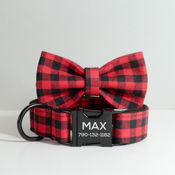 Personalized Puppy Dog Collar with Name, Buffalo Check Dog Collar Bow and Lead, Dog Collar on Sale UK, Wedding Dog Collar Gift for Boy Dog