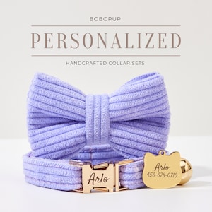 Customized Lilac Corduroy Cat Collar Bell Leash Set For Wedding Gift,Handmade Kitty Collar Leash For Birthday Gift,Luxury Puppy Collar Leash
