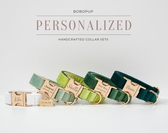 Personalised Green Velvet Pet Collar Leash Gift For Pet Lovers, Custom Puppy Collar Bow,Handmade Dog Collar With Engraved Name Tag For Pet