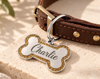 Personalized Dog Collar Tag with Name and Phone Number, Glitter Bone Engraved Pet ID Tag