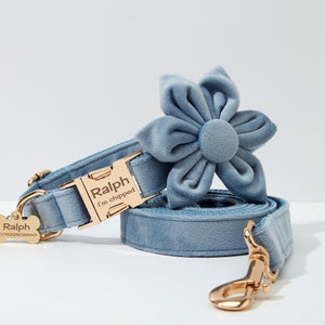 Dusty Blue Velvet Personalize Dog Collar Leash Flower Bow for Small Medium Large Pet,Custom Puppy Collar Leash Flower For Wedding Puppy Gift