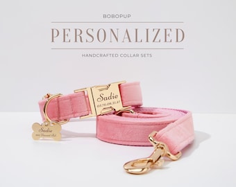 Personalized Flower Dog Collar and Leash Set, Pink Soft Velvet with Free Name Laser Engraving, Custom Puppy Girl and Boy Collar