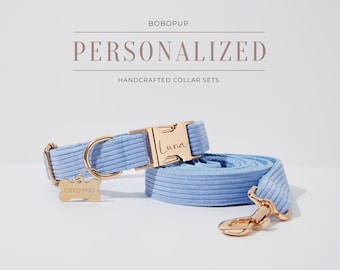 Lichtblauwe Corduroy Hondenhalsband Leash Set, Gepersonaliseerde Corduroy Puppy Kraag Bowtie, Geen Pull Puppy Harnas voor Jongen Meisje Hond, Huwelijkscadeau