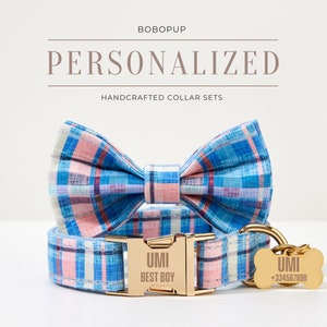 Personalized Plaid Dog Collar Bowtie Set, Engraved Buckle