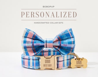 Puppy Dog Collar Bow, Blue Plaid Dog Collar, Personalized Dog Collar with Name, Pet Collar for Boy Dog, Gingham Dog Collar, UK Free Shipping