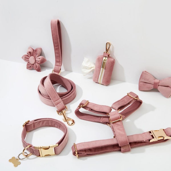 Stoffig roze fluweel gepersonaliseerd harnas met gouden hardware, fancy fluwelen harnas halsband en riem set voor grote kleine puppy, gratis verzending