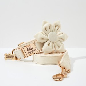 May include: A white velvet dog collar with a gold buckle and a matching lead. The collar has the name "GIGI" and a phone number engraved on it. The lead has a gold clasp. A white velvet flower is attached to the collar.